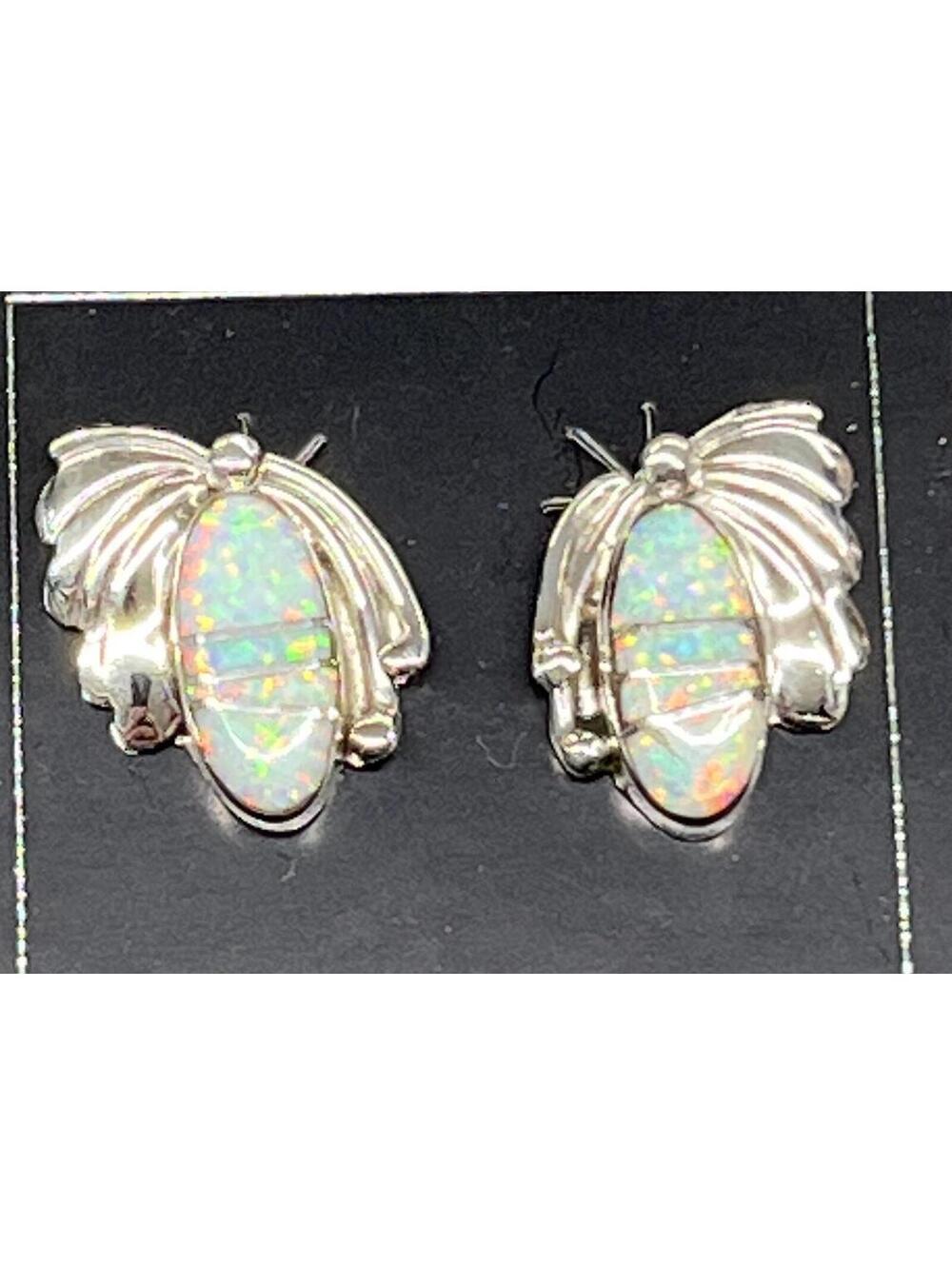 Native American Navajo sterling silver inlay white opal cluster earrings post